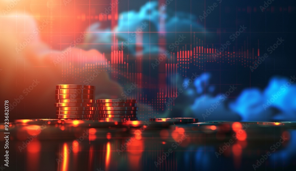 A modern financial background with a stack of coins, a stock chart, and a cloud on a dark blue gradient background A modern financial background with a stack of coins, a stock chart, and a cloud on a dark blue gradient background
