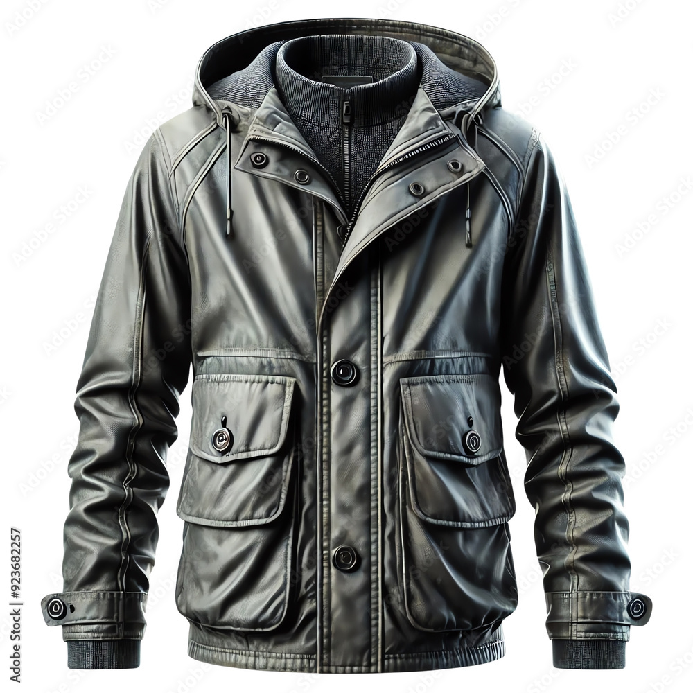 A stylish black leather jacket with multiple pockets and a hood. Perfect for a trendy, sophisticated look in the cooler seasons. A stylish black leather jacket with multiple pockets and a hood. Perfect for a trendy, sophisticated look in the cooler seasons.