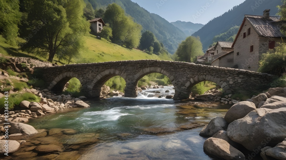 An old stone bridge over a clear river in a mountain village
An old stone bridge over a clear river in a mountain village