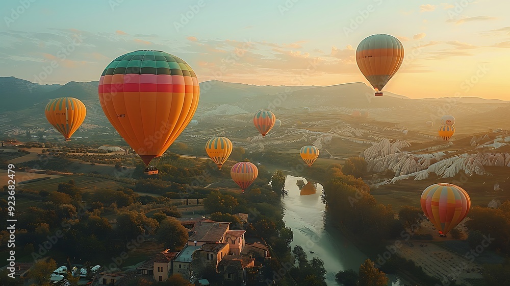 Obraz premium A tranquil balloon festival with hot air balloons in pastel colors of pink, blue, yellow, and green, floating gracefully over a picturesque landscape under a clear sky. Wide-angle shot, hd quality,