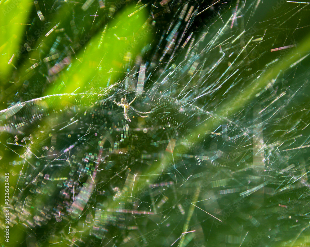 selective focus close up micro or macro of a small spider in the middle of its web or nest on a leaf during the day in the garden with the glow of its webs exposed to the sun like spider verse selective focus close up micro or macro of a small spider in the middle of its web or nest on a leaf during the day in the garden with the glow of its webs exposed to the sun like spider verse