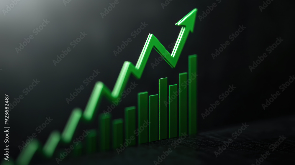Green arrow ascending above bar graph on dark background, symbolizing growth and success in financial or business metrics. Modern visualization concept. Green arrow ascending above bar graph on dark background, symbolizing growth and success in financial or business metrics. Modern visualization concept.