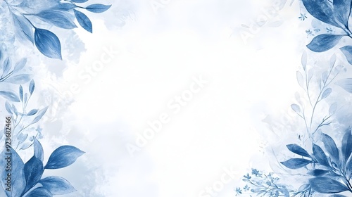 Elegant Blue Floral Frame on Soft Blurred White Nature Background