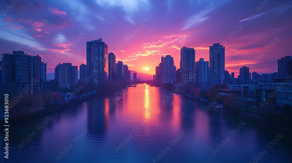 Fototapeta premium A tranquil cityscape at dusk with buildings in soft pastel hues of peach, lavender, and light blue. The calm river below mirrors the pastel skyline. Wide-angle shot, hd quality, natural look.