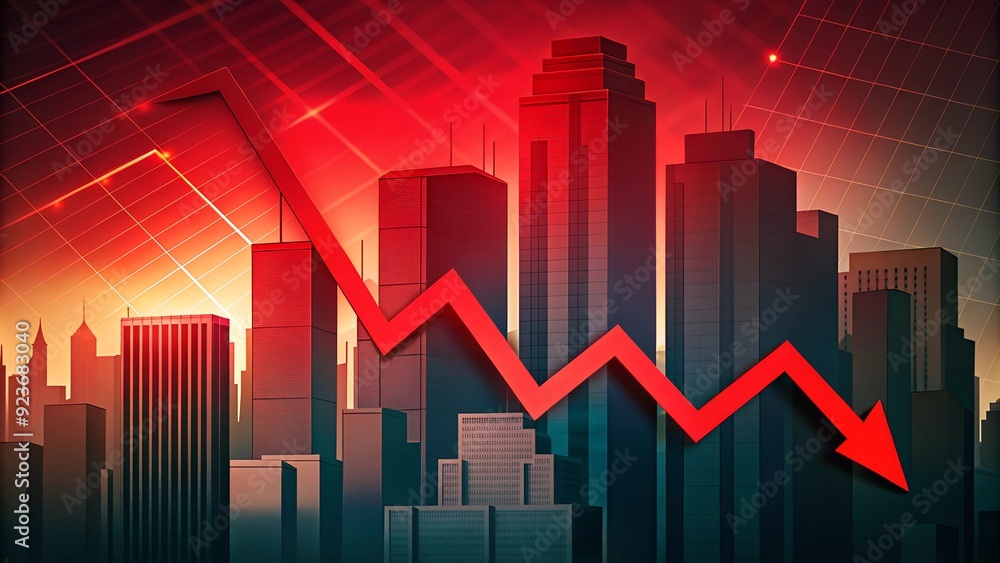An economic crisis stock chart shows a steep decline with a red arrow pointing downwards over negative financial figures, set against the backdrop of a shadowed city skyline, symbolizing a bankruptcy An economic crisis stock chart shows a steep decline with a red arrow pointing downwards over negative financial figures, set against the backdrop of a shadowed city skyline, symbolizing a bankruptcy