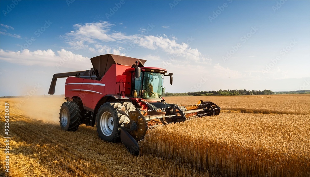 Fototapeta premium Red Tractor in Action The Golden Crop, generative IA