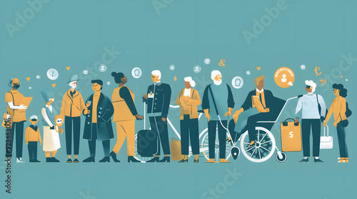 Social security concept illustration. Social security benefit, state allowance, retirement insurance, happy disabled person, old, elderly couple