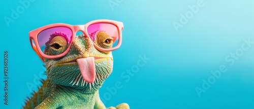 Fototapeta Naklejka Na Ścianę i Meble -  Funny animal - Celebration, happy birthday, summer party, greeting card banner - chameleon reptile with sunglasses and tongue stuck out, isolated on blue background texture