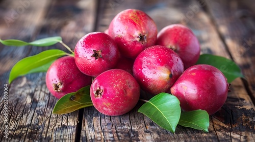 Fresh Chilean guava fruits with their deep red color and slightly rough texture displayed on a rustic wooden surface with a touch of green leaves enhancing the natural beauty photo