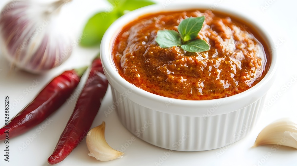 Spicy homemade Mediterranean-style tomato sauce with chili peppers and garlic in a white bowl Spicy homemade Mediterranean-style tomato sauce with chili peppers and garlic in a white bowl