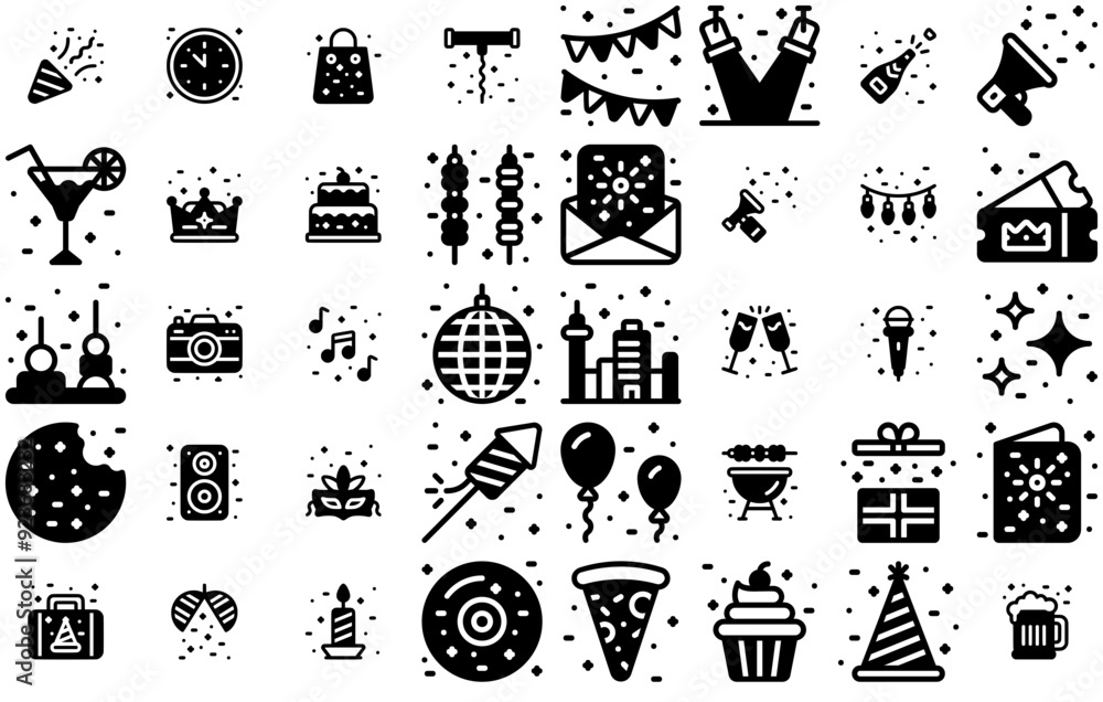 A Collection Of New Year 2023 Solid V Isolated Silhouette Solid Icons With Party,Drink,Celebration,Decoration,Food Vector Icons Illustration Collection A Collection Of New Year 2023 Solid V Isolated Silhouette Solid Icons With Party,Drink,Celebration,Decoration,Food Vector Icons Illustration Collection
