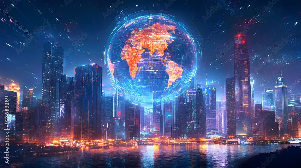 Fototapeta premium futuristic global cityscape night modern city skyscrapers digital globe connection illustration world map interconnected connectivity big data exchange technology network connection internet cyber