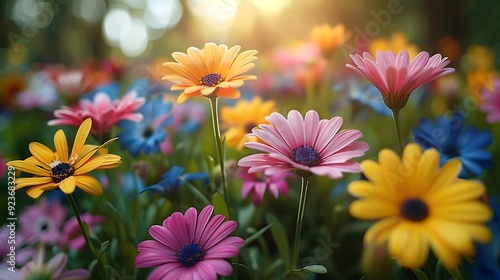 A tranquil garden filled with vibrant pastel flowers in pink, yellow, blue, and purple. Soft sunlight enhances the serene and enchanting scene. Wide-angle shot, hd quality, natural look.