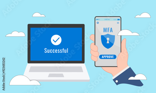 Illustration of secure multifactor authentication (MFA) via smartphone. Mobile Device Management (MDM) access on the cloud. Digital secure access management.