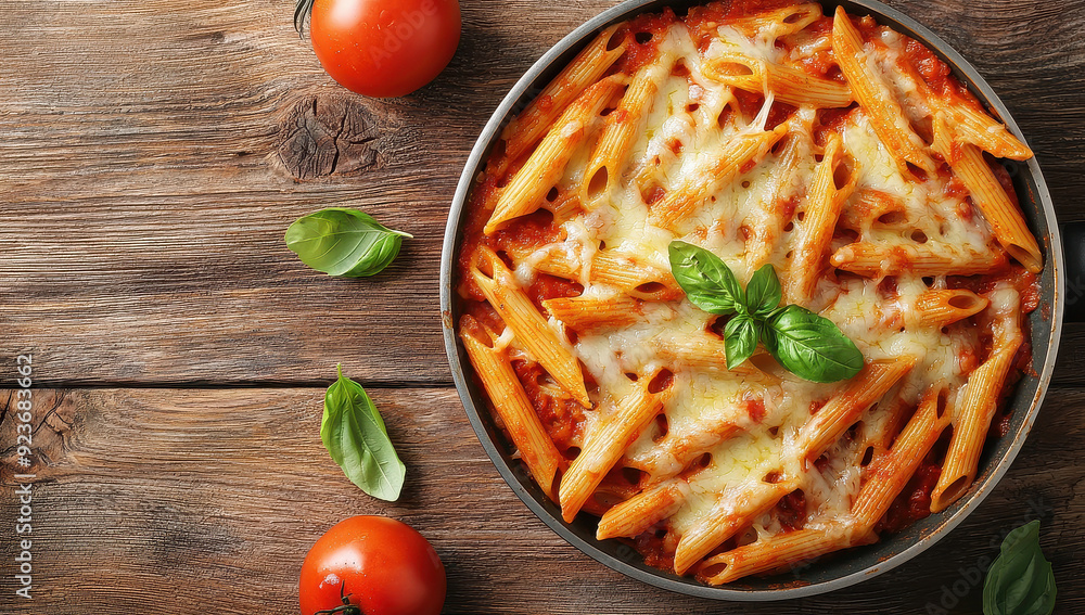 An overhead view of a baked penne pasta dish mixed with rich tomato sauce and topped with melted cheese and fresh basil leaves, served in a round pan on a wooden table. An overhead view of a baked penne pasta dish mixed with rich tomato sauce and topped with melted cheese and fresh basil leaves, served in a round pan on a wooden table.