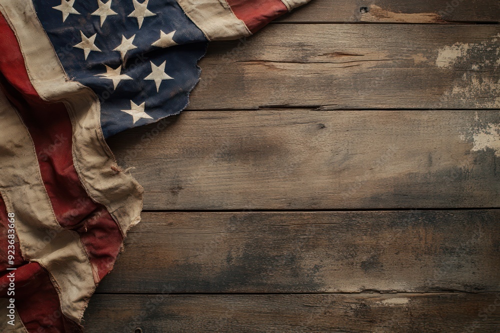 Obraz premium Faded American Flag on Weathered Wooden Plank Background