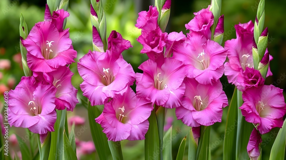 Vibrant Pink Gladiolus Flowers Blooming in Lush Garden Vibrant Pink Gladiolus Flowers Blooming in Lush Garden