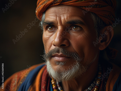 a close-up portrait of a tribal leader photo