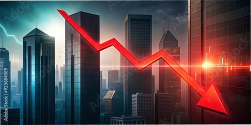 An economic crisis stock chart shows a steep decline with a red arrow pointing downwards over negative financial figures, set against the backdrop of a shadowed city skyline, symbolizing a bankruptcy