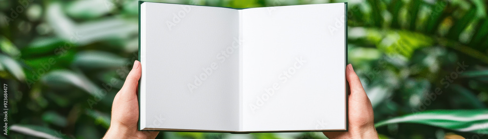 Open blank book held by hands in front of green foliage background, ideal for concepts of writing, creativity, and nature inspiration. Open blank book held by hands in front of green foliage background, ideal for concepts of writing, creativity, and nature inspiration.