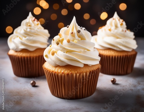 Three vanilla cupcakes with buttercream and confectionery., generative IA