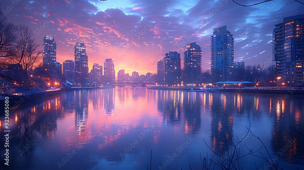 Fototapeta premium A tranquil cityscape at dusk with buildings in soft pastel hues of peach, lavender, and light blue. The calm river below mirrors the pastel skyline. Wide-angle shot, hd quality, natural look.