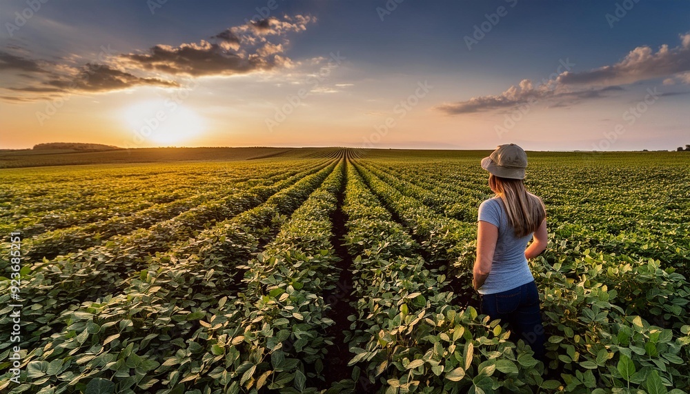 Vast soybean plantation at dusk, with farmer., generative IA Vast soybean plantation at dusk, with farmer., generative IA