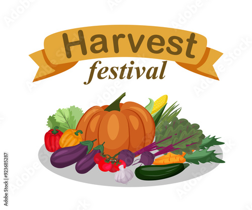 Harvest festival card. Autumn harvesting. Vegetable set. pumpkin, corn, beets, onions, garlic, tomatoes, eggplants, peppers, carrots, zucchini. Local market products. Farming, gardening, agriculture.