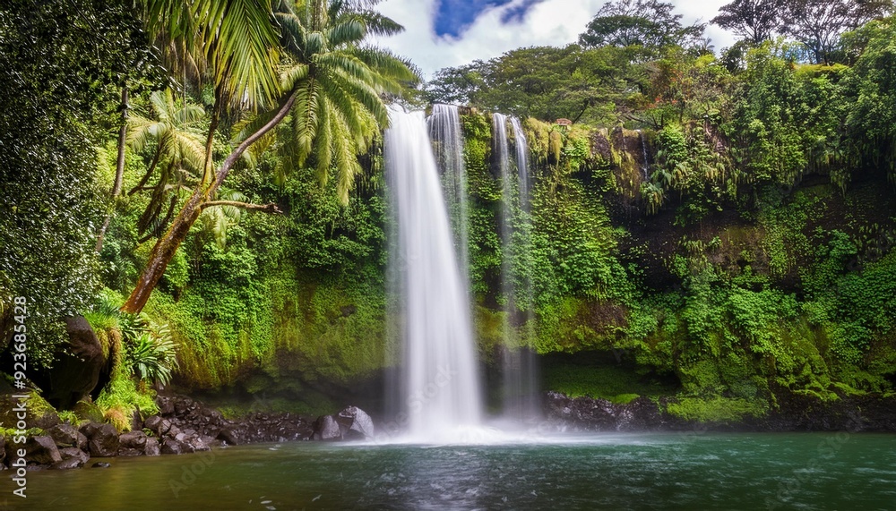 Fototapeta premium Wailua Waterfall Lush waterfall surrounded by tropical vegetation., generative IA