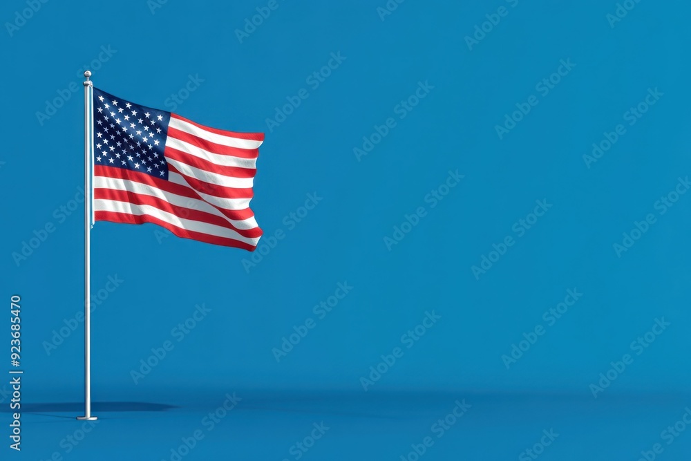 Fototapeta premium An American flag waving on a blue background