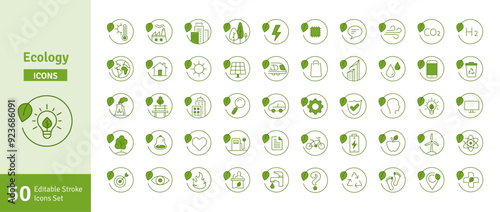 Ecology and Nature Green Icons Set. Concept of Green Technology, Climate Change, Environmental Sustainability Symbol in Minimal Style. Editable Stroke Vector Illustration. Line Icons Set.