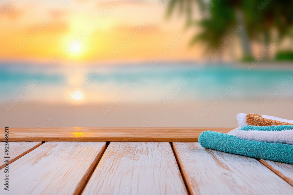 Relaxing beach scene with vibrant towels on wooden deck against a beautiful sunset backdrop by the shore, offering a tranquil and serene atmosphere. Relaxing beach scene with vibrant towels on wooden deck against a beautiful sunset backdrop by the shore, offering a tranquil and serene atmosphere.