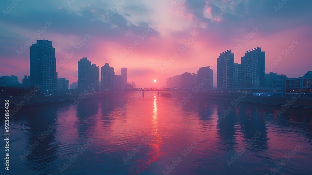Obraz premium Dusk cityscape with a modern skyline bathed in pastel peach, lavender, and light blue. The calm river below reflects the serene pastel colors. Wide-angle shot, hd quality, natural look.