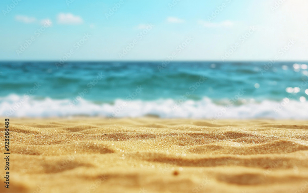 Golden sandy beach with soft waves in the background under a clear blue sky, embodying tranquility and natural beauty. Golden sandy beach with soft waves in the background under a clear blue sky, embodying tranquility and natural beauty.