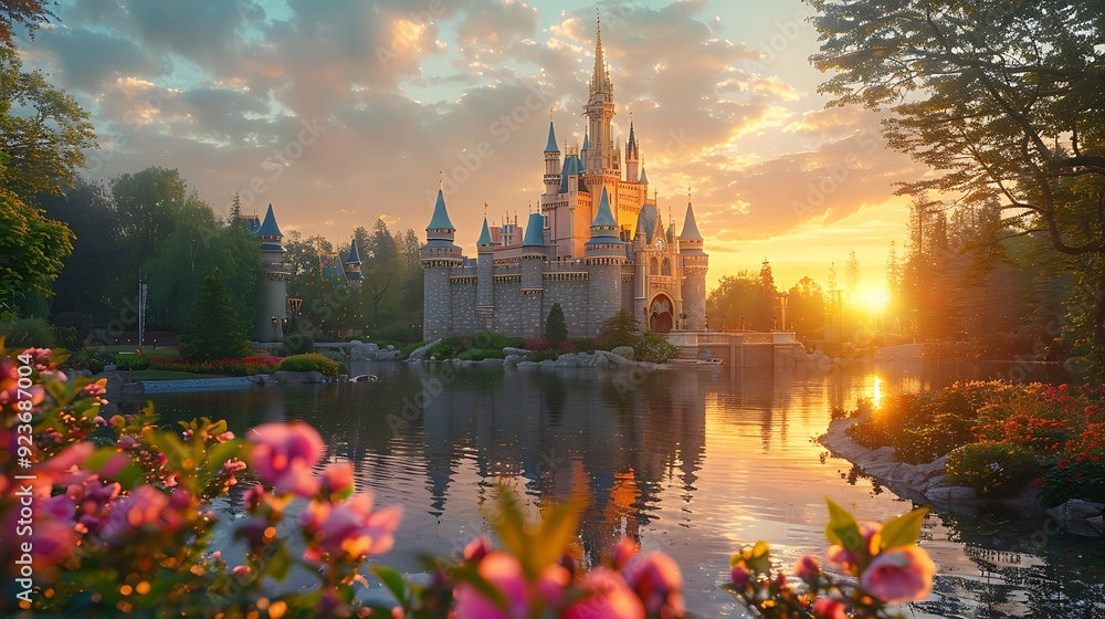Enchanting fairytale castle with pastel turrets, surrounded by lush gardens and a serene lake that mirrors the pastel sky. Soft light enhances the serene and magical atmosphere. Wide-angle shot, Enchanting fairytale castle with pastel turrets, surrounded by lush gardens and a serene lake that mirrors the pastel sky. Soft light enhances the serene and magical atmosphere. Wide-angle shot,
