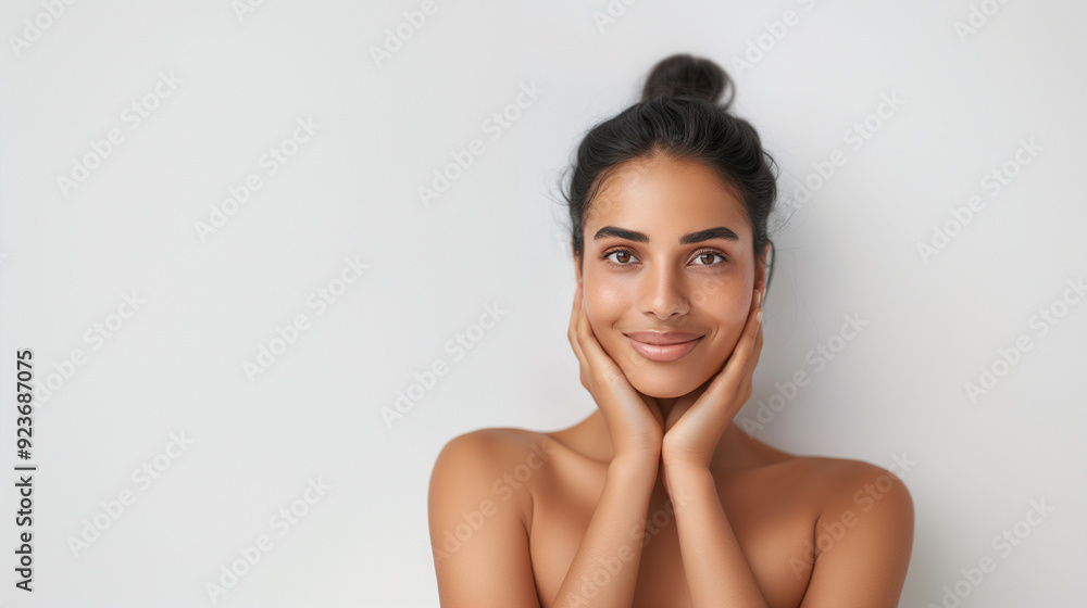 A young Indian woman with glowing tan skin smiles softly, her hands gently framing her face. Her dark hair is tied up, emphasizing her natural beauty. A young Indian woman with glowing tan skin smiles softly, her hands gently framing her face. Her dark hair is tied up, emphasizing her natural beauty.