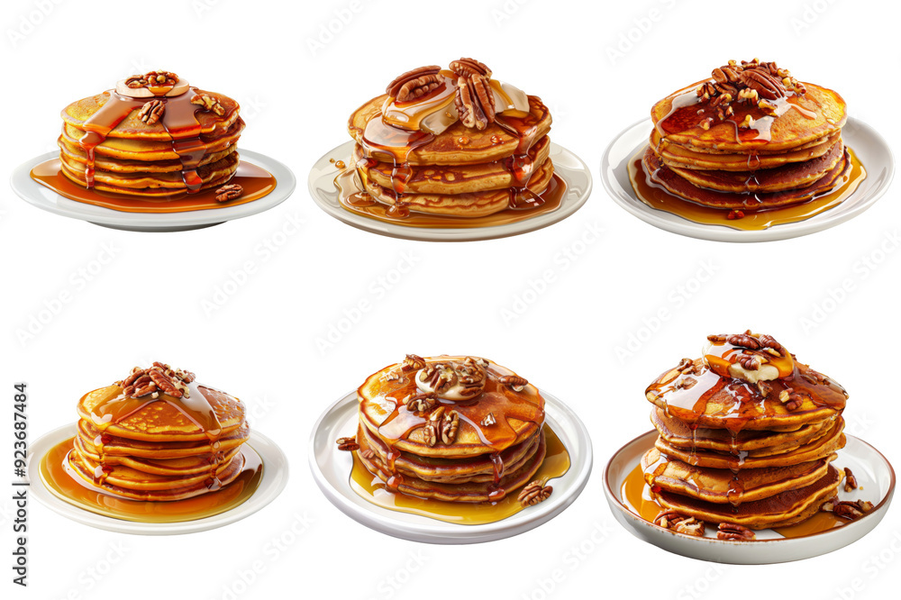 A Variety of Delicious Buttery Pancakes Drizzled with Maple Syrup and Topped with Pecans A Variety of Delicious Buttery Pancakes Drizzled with Maple Syrup and Topped with Pecans