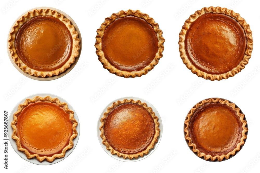 Six Whole Pumpkin Pies in Various Plates Six Whole Pumpkin Pies in Various Plates
