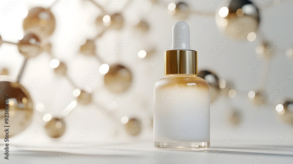Elegant Glass Dropper Bottle with Translucent Skin Care Serum Product on Sparkling Background Elegant Glass Dropper Bottle with Translucent Skin Care Serum Product on Sparkling Background