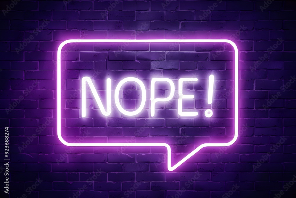 Neon NOPE! sign in pink with white letters, rectangular frame on dark brick wall. Neon NOPE! sign in pink with white letters, rectangular frame on dark brick wall.