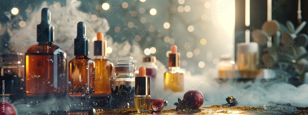 Aromatic essential oils with misty background in a serene setting Aromatic essential oils with misty background in a serene setting