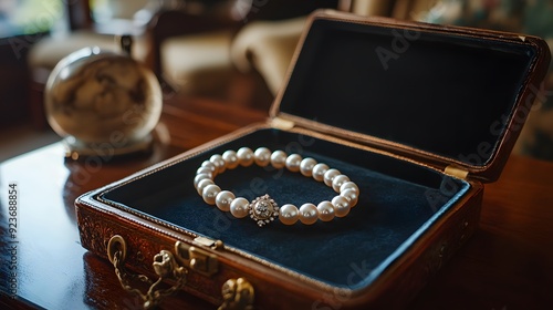 Beautiful pearl necklace with diamond clasp in a vintage jewelry box on a table