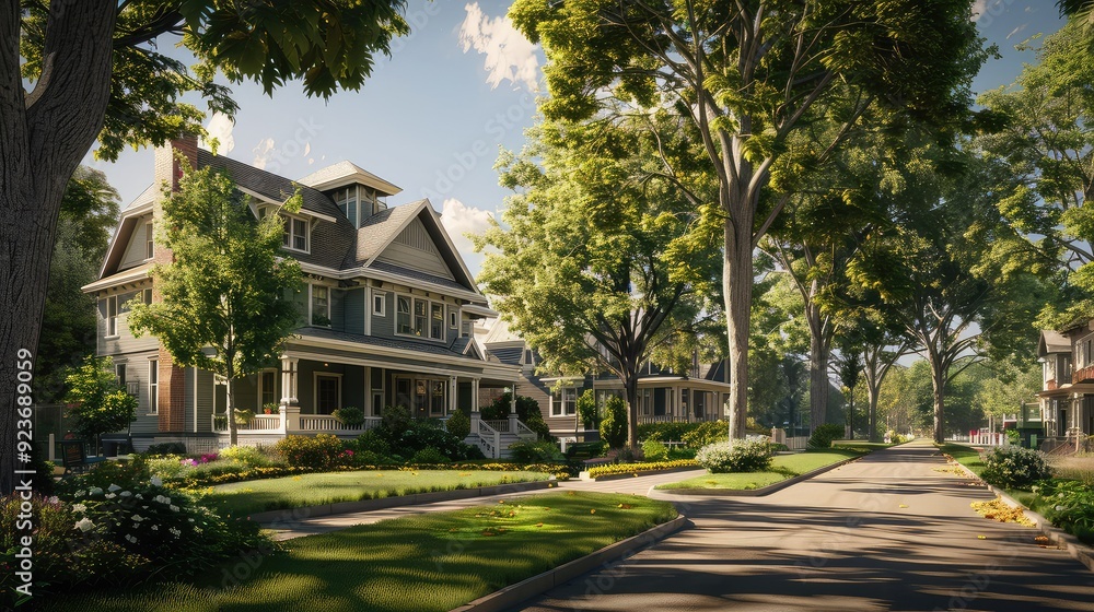 Obraz premium A tree-lined street with charming houses in a quiet suburban neighborhood. The sun shines on the lush green grass and homes.