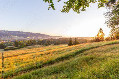 Sunrise over the meadows. Summer morning in the Zakopane valley with a view of Gubalowka