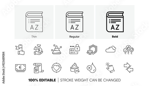 Lock, Pyramid chart and Like line icons. Pack of Euro currency, Bribe, Uv protection icon. Leadership, No waterproof, Documents pictogram. Heart target, Synchronize, Cursor. Vocabulary. Vector