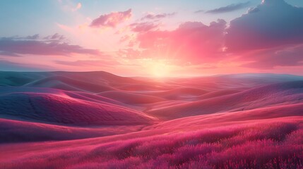 Leinwandbilder Purpur Ethereal dreamscape with softly rolling hills in pastel pink, lavender, and mint. A calm and tranquil sky enhances the serene atmosphere. Wide-angle shot, hd quality, natural look. --ar 16:9 --v 6.0  © LuvTK