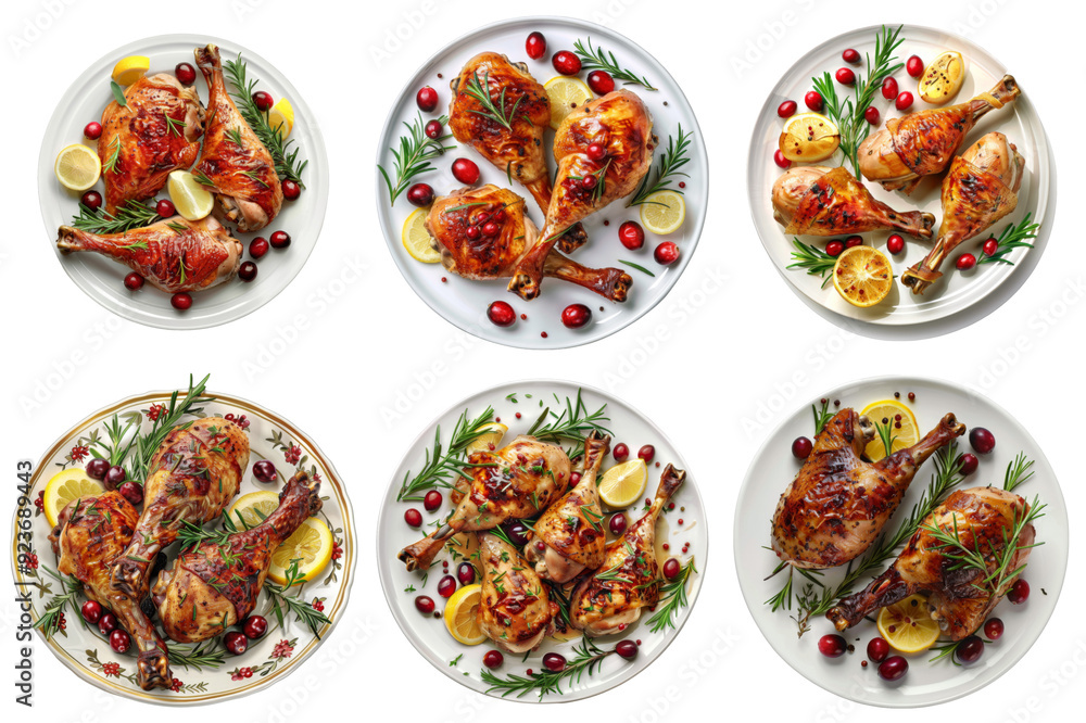Roasted Chicken Legs with Rosemary, Lemon, and Cranberries on White Plates Roasted Chicken Legs with Rosemary, Lemon, and Cranberries on White Plates