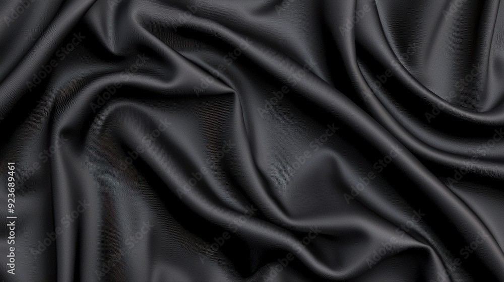 Fototapeta premium Elegant black satin fabric with flowing, smooth folds creating a luxurious and refined texture, perfect for background and textile design.