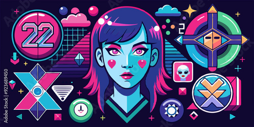 Cyberpunk grid icon element set, vector abstract retro y2k shapes kit, Japanese sci-fi girl face. Retro futuristic design forms, modern cyber geometric acid symbols. Technology groovy cyberpunk shapes