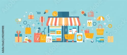 Digital marketplace, various products displayed, flat design illustration